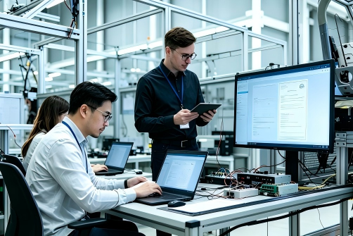 Engineer reviewing technical documentation