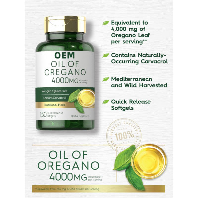 Oregano Oil Softgels|Contains Natural Carvacrol|4000mg Oregano Oil|Non-GMO & Gluten-Free|OEM/ODM