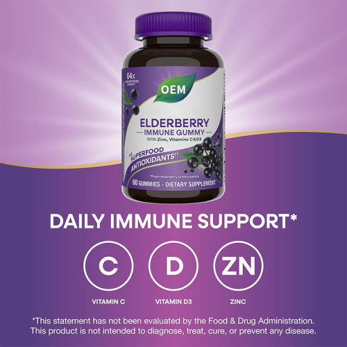 Elderberry Gummies | Formulated with Zinc, Vitamin C, and Vitamin D3 | Berry Flavor|OEM/ODM