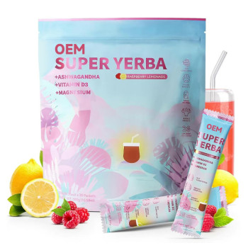 Instant Yerba Mate Powder|Raspberry-Lemon Flavor(Low-Sugar Formula)|Ashwagandha + Probiotics|OEM/ODM