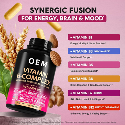 Vitamin B Complex Capsules | Vitamin C, Magnesium, and Choline Formula | Vegetarian Capsules|OEM/ODM