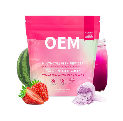 Multi-Type Collagen Peptide Powder|5-Collagen+Probiotic Formula|Strawberry Watermelon Flavor|OEM/ODM