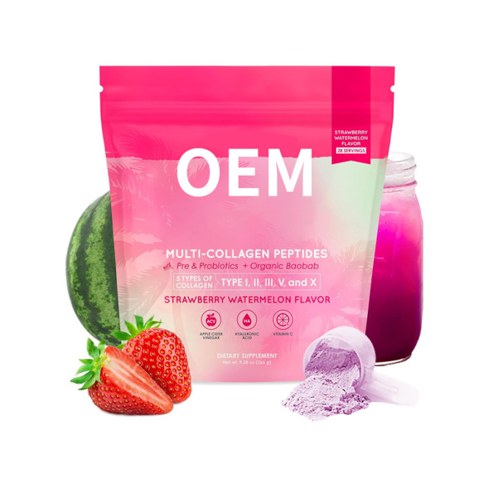Multi-Type Collagen Peptide Powder|5-Collagen+Probiotic Formula|Strawberry Watermelon Flavor|OEM/ODM