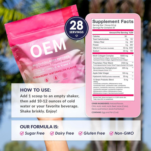 Multi-Type Collagen Peptide Powder|5-Collagen+Probiotic Formula|Strawberry Watermelon Flavor|OEM/ODM