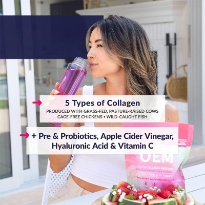 Multi-Type Collagen Peptide Powder|5-Collagen+Probiotic Formula|Strawberry Watermelon Flavor|OEM/ODM