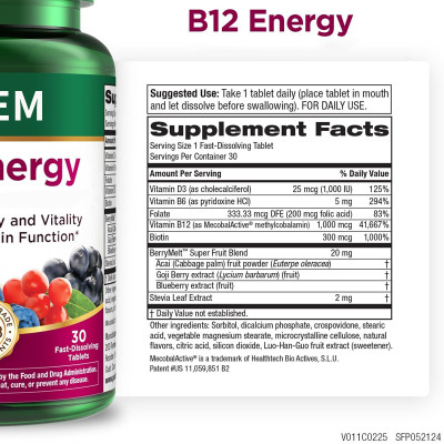 Vitamin B12 Energy Tablets | B-Complex + D + Superfruit Formula | Rapid-Dissolve|OEM/ODM