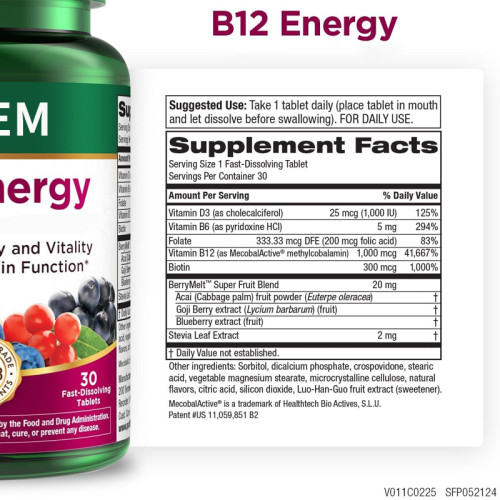 Vitamin B12 Energy Tablets | B-Complex + D + Superfruit Formula | Rapid-Dissolve|OEM/ODM