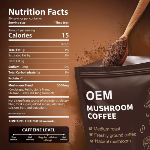 Mushroom Instant Coffee Powder | With MCT Coconut Oil | Zero Sucrose | Six-Mushroom Blend|OEM/ODM