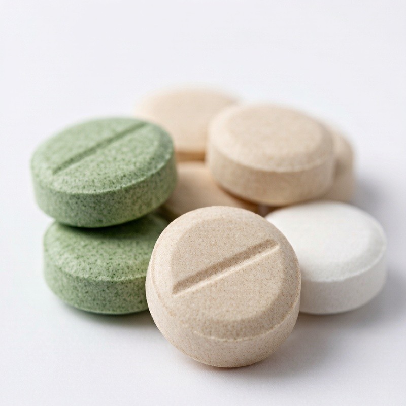 Close-up of round dietary supplement tablets in natural beige, green, and white colors