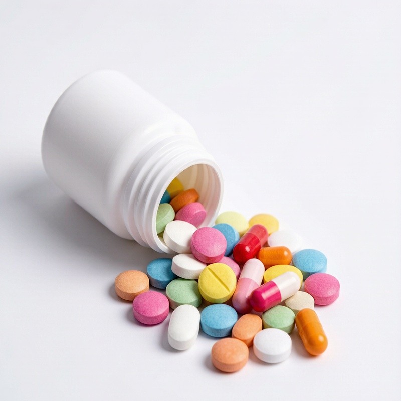 Colorful vitamin tablets spilled from a white supplement bottle