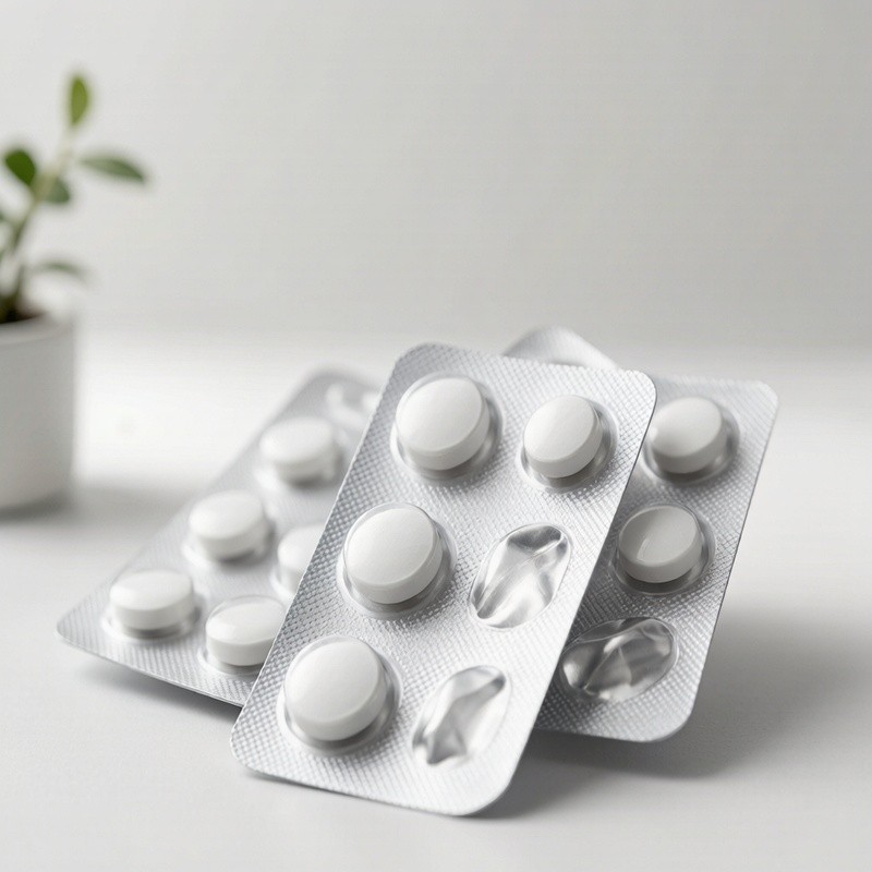 Dietary supplement tablets in silver blister packs