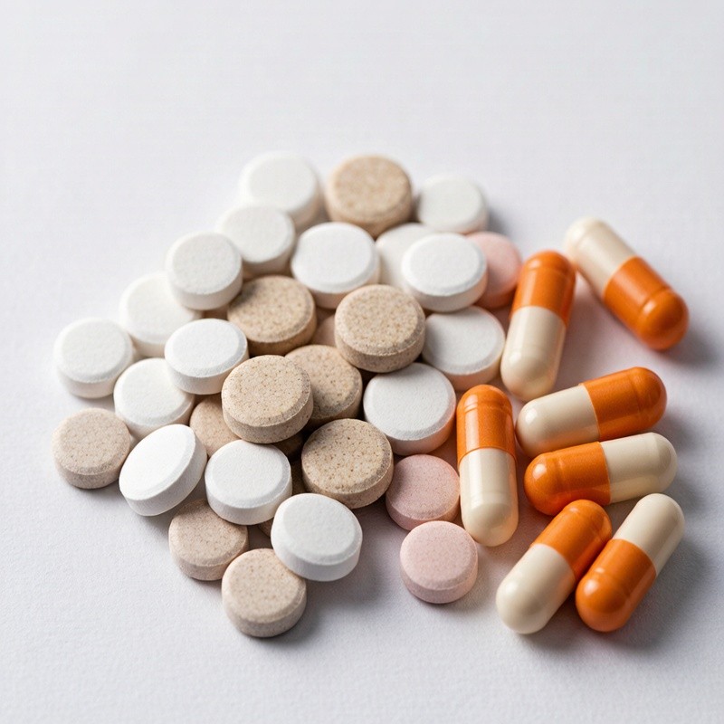 Dietary supplement tablets and two-piece capsules arranged together