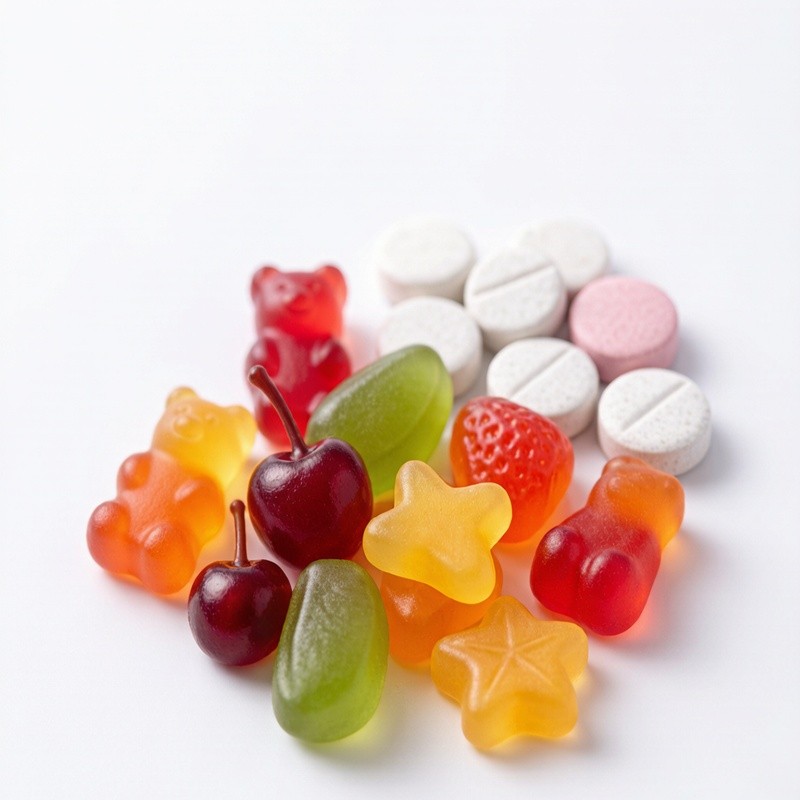 Colorful gummy vitamins placed next to round supplement tablets