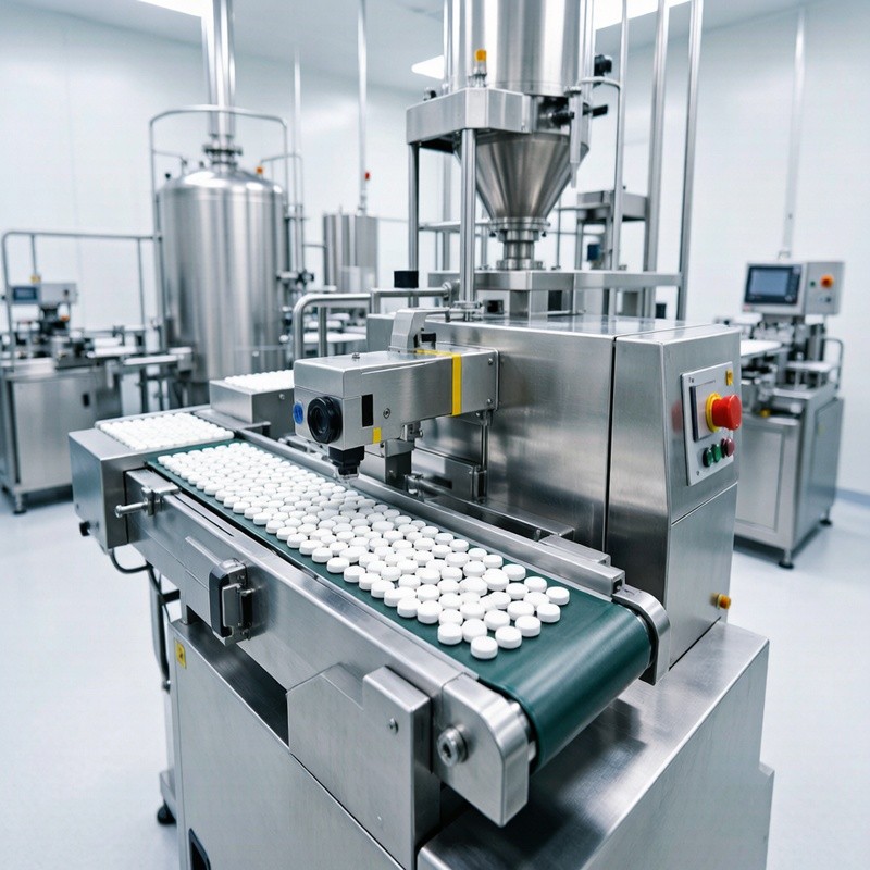 Industrial tablet supplement production line with white tablets on a conveyor