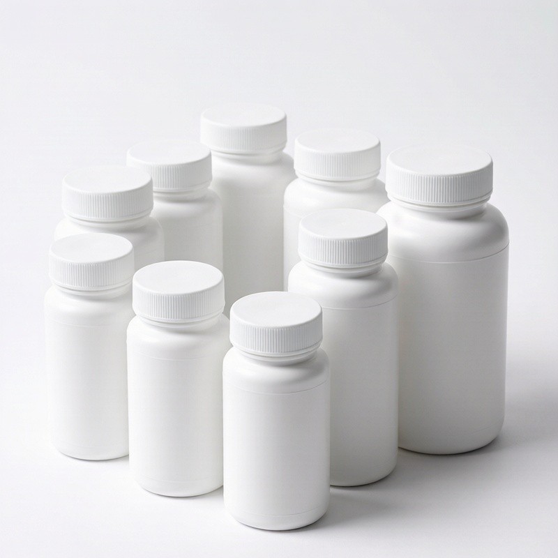 Finished dietary supplement tablets in white bottles ready for packaging