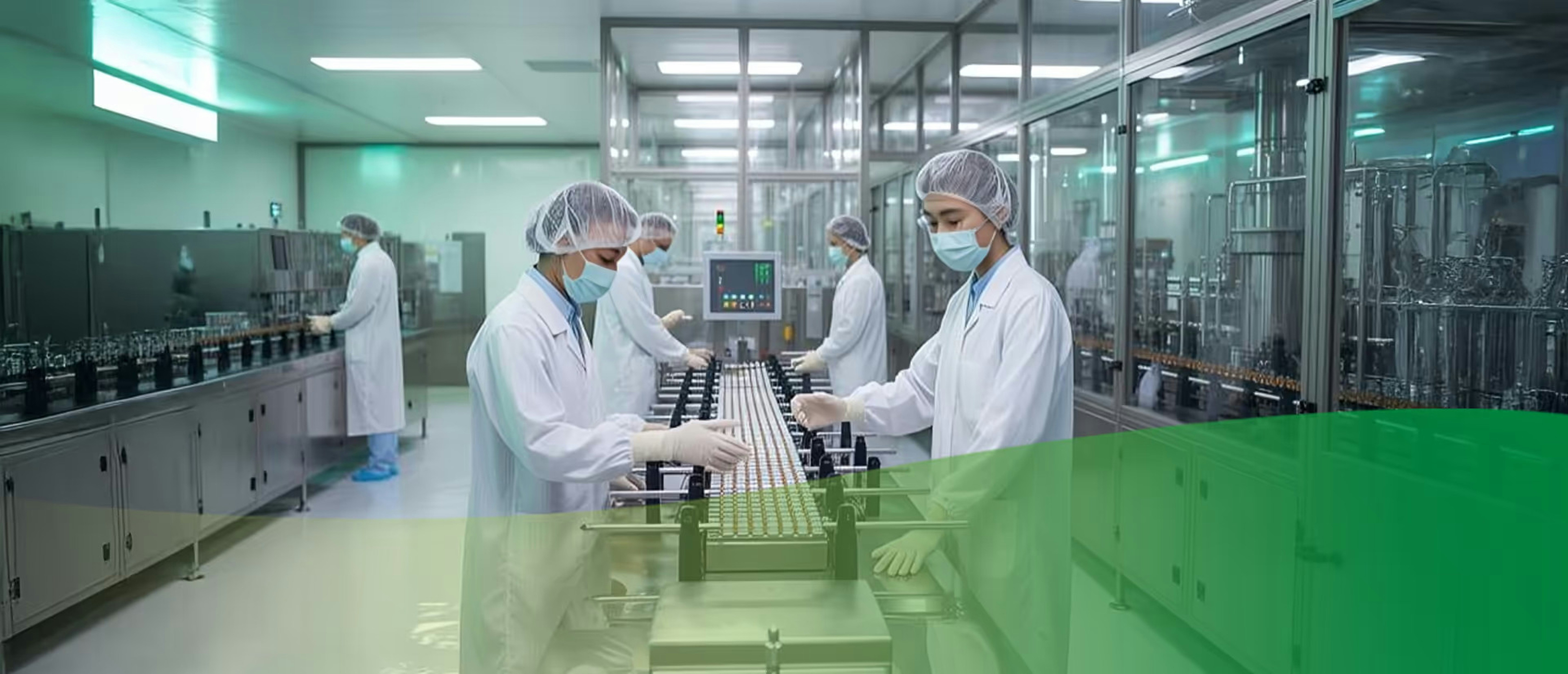 Modern GMP sports nutrition supplement manufacturing facility with stainless steel equipment