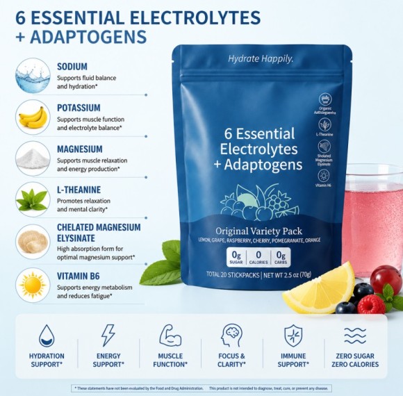 Electrolyte Powder Stick Packs | Zero Sugar Formula | 6 Electrolytes & Adaptogen Blend | OEM/ODM