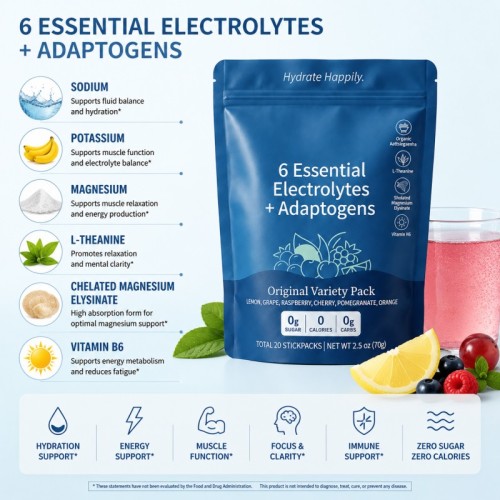 Electrolyte Powder Stick Packs | Zero Sugar Formula | 6 Electrolytes & Adaptogen Blend | OEM/ODM