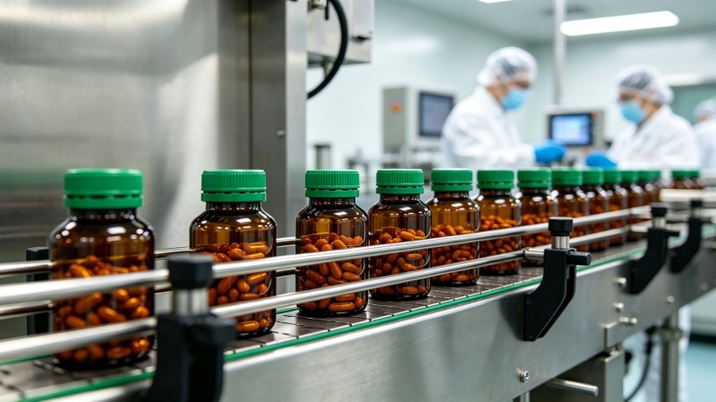 Private label nutraceutical manufacturing plant where supplement batches are produced, tested, and packaged