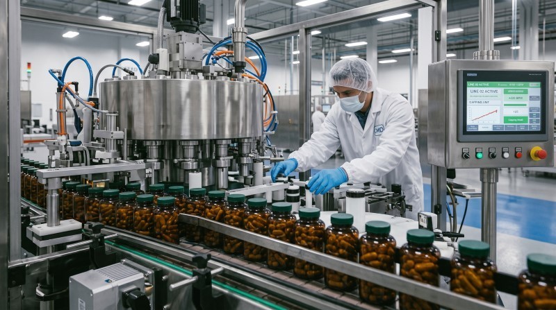 Automated supplement production lines inside a cGMP-compliant nutraceutical manufacturing facility