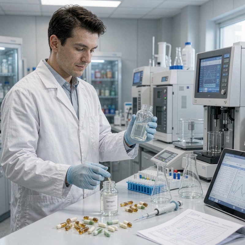 Supplement formulation scientist developing a custom supplement formula in a laboratory