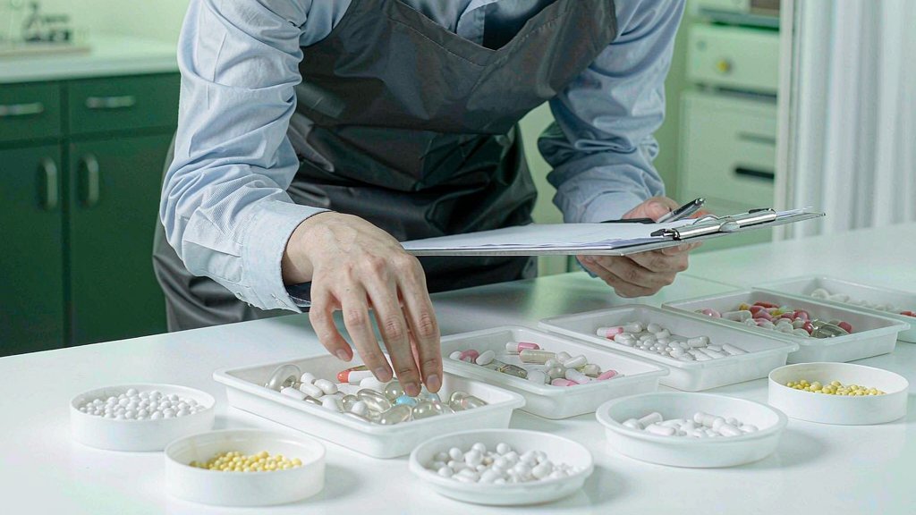 Quality-control specialist inspecting supplement softgel capsules and tablets arranged in sample trays with a batch record clipboard