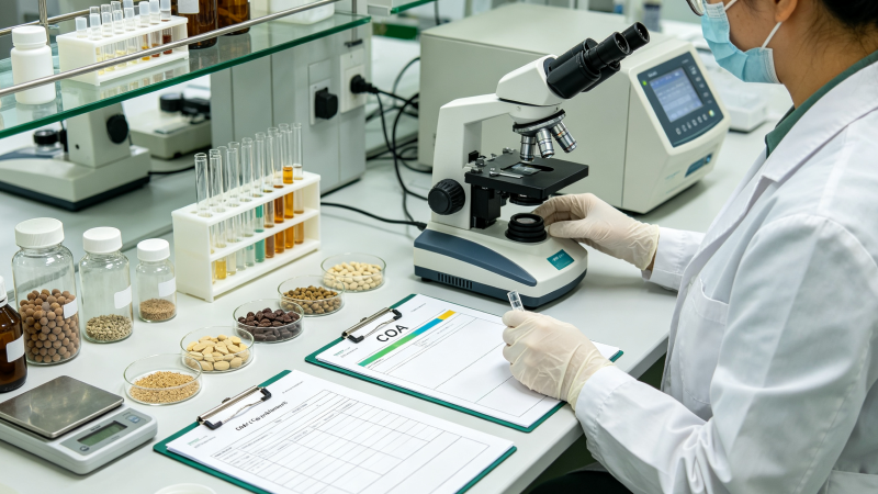 Supplement quality control inspection - scientist examining tablets in a pharmaceutical laboratory