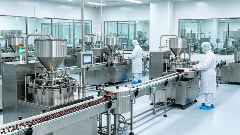 Automated supplement capsule filling production line in a modern GMP manufacturing facility