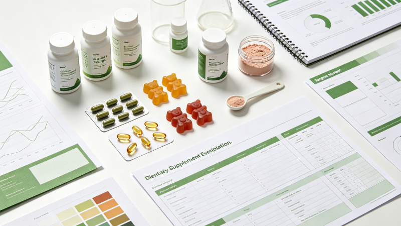 Various dietary supplement dosage forms including tablets, capsules, gummies, powders, and liquid drops
