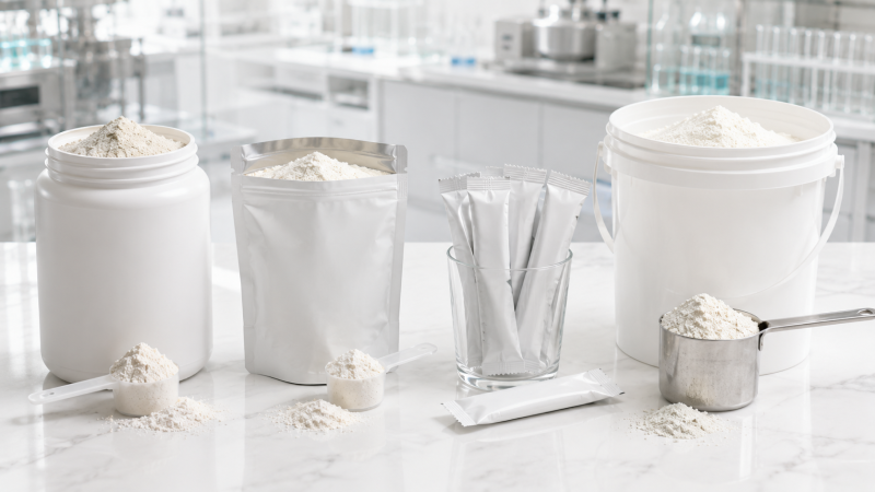 Various supplement packaging formats including jars, pouches and stick packs