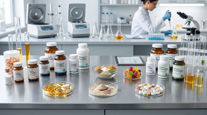 Different vitamin supplement products including tablets, capsules, gummies and liquid formulations