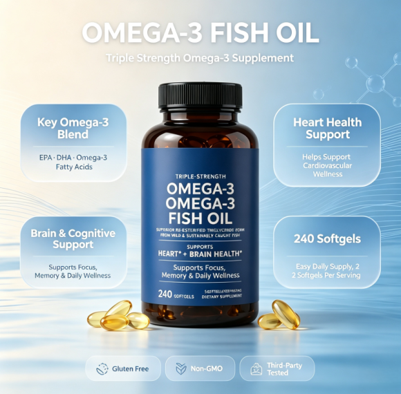 Omega-3 Fish Oil Softgels|Triple-Strength Formula|EPA DHA Rich Oil|Heart & Brain Wellness|OEM/ODM