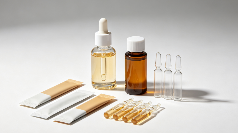 Liquid dietary supplement packaging solutions including bottles droppers ampoules and stick packs