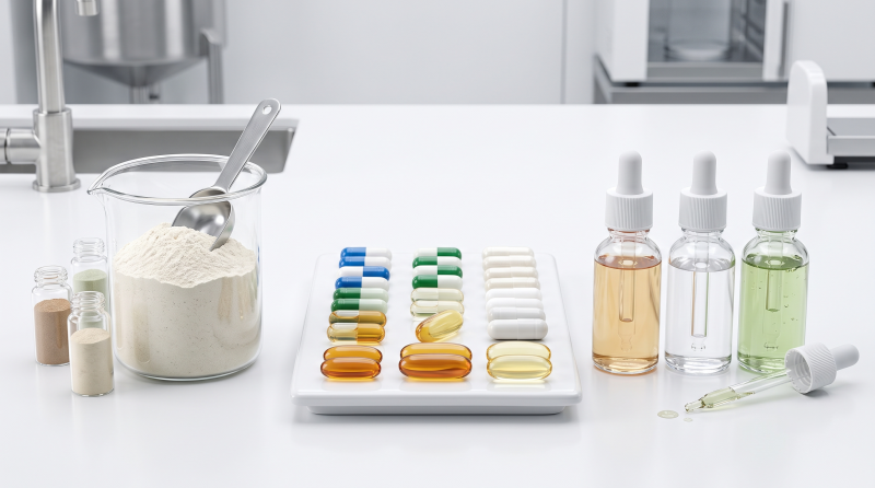 Different supplement dosage forms including powders capsules and liquid supplements