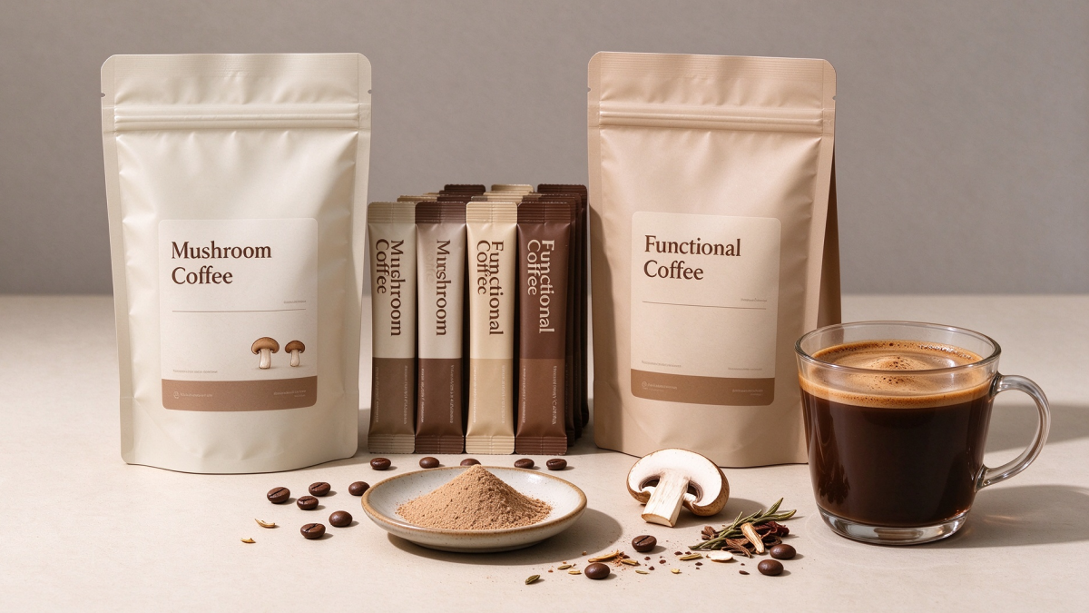 Powder blending and single-serve stick-pack filling line for functional coffee nutraceuticals.