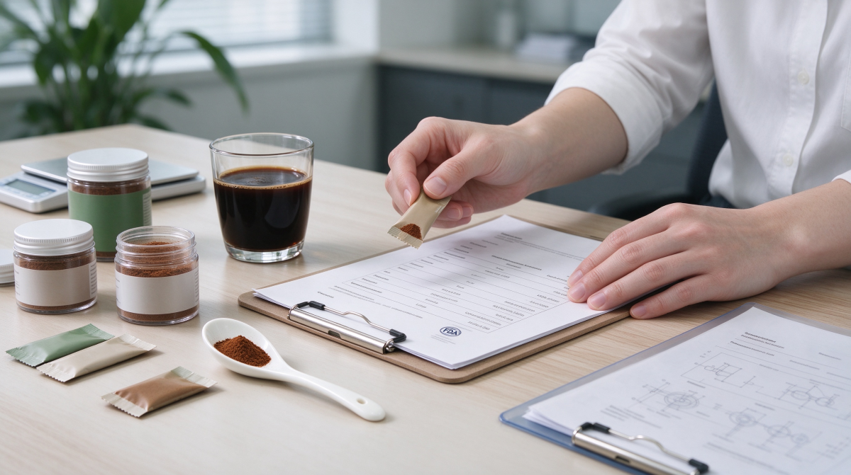 Buyer reviewing a sample of private label coffee with COA and stability documentation