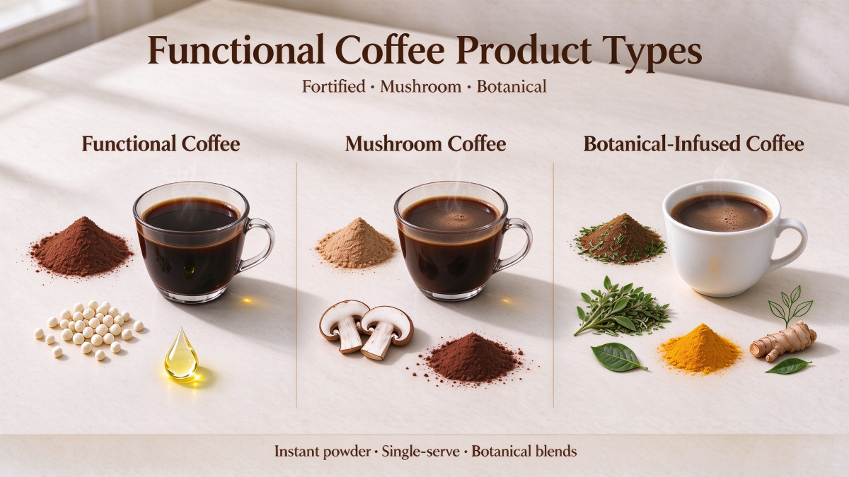 Assorted functional coffee, mushroom coffee, and botanical coffee powders in single-serve stick packs for private label brands