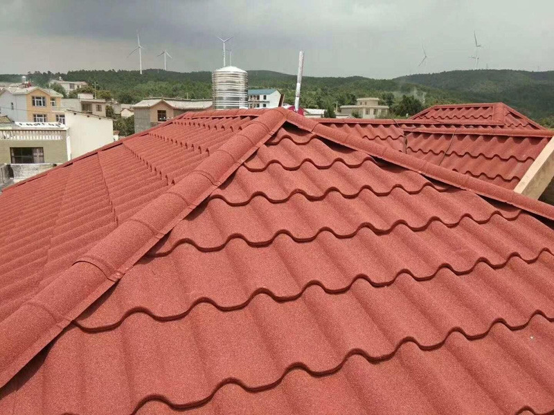 Premium stone coated metal roof tiles in Groove red color for villa roofing