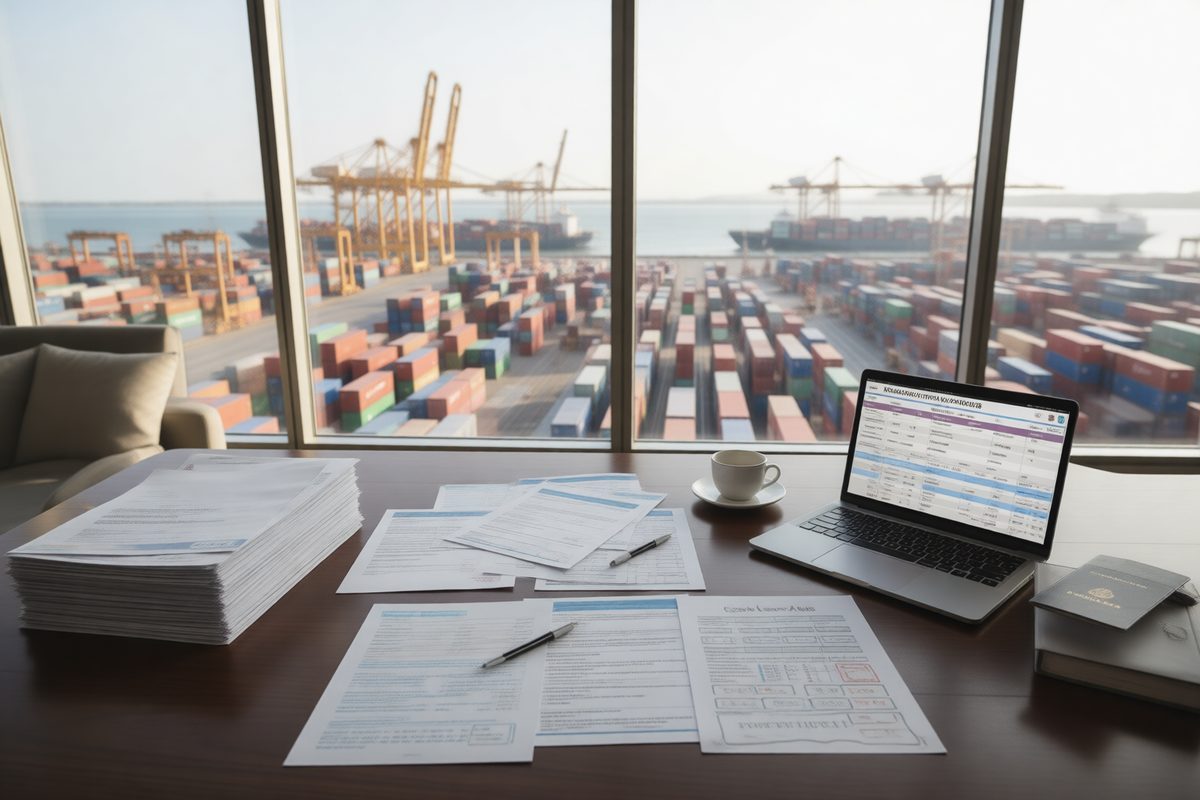 Export customs clearance documents and cargo manifest on a desk at a port office