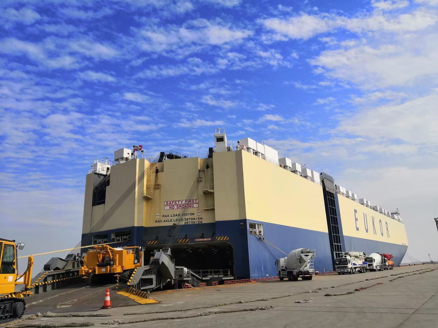 Piling rig staged at a RoRo terminal before roll-on roll-off loading for export