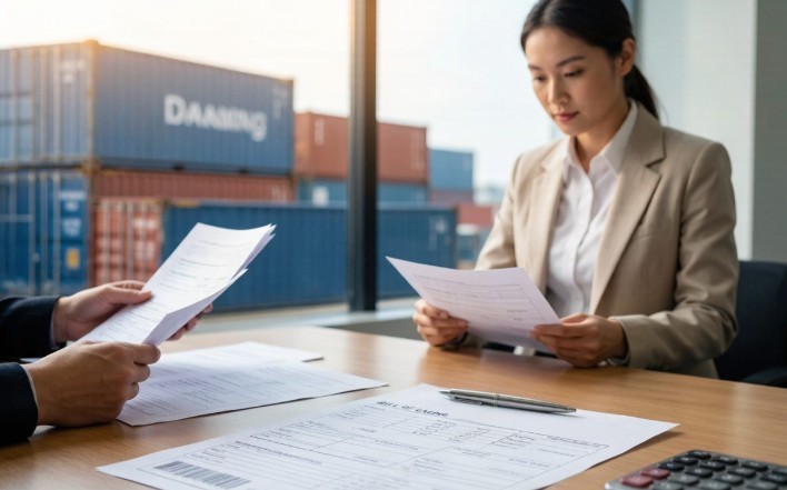 Logistics documentation team reviewing shipping documents and customs paperwork in a modern office
