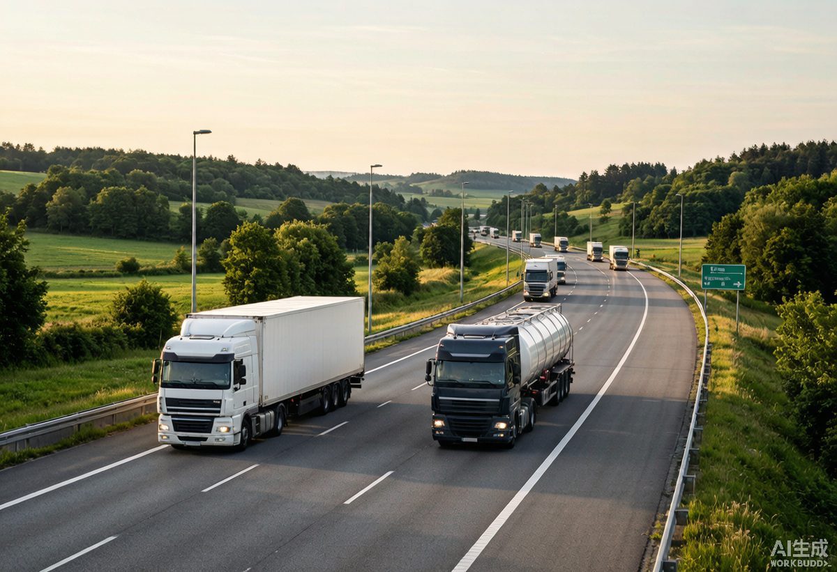 Convoy of heavy freight trucks on a European highway at dusk