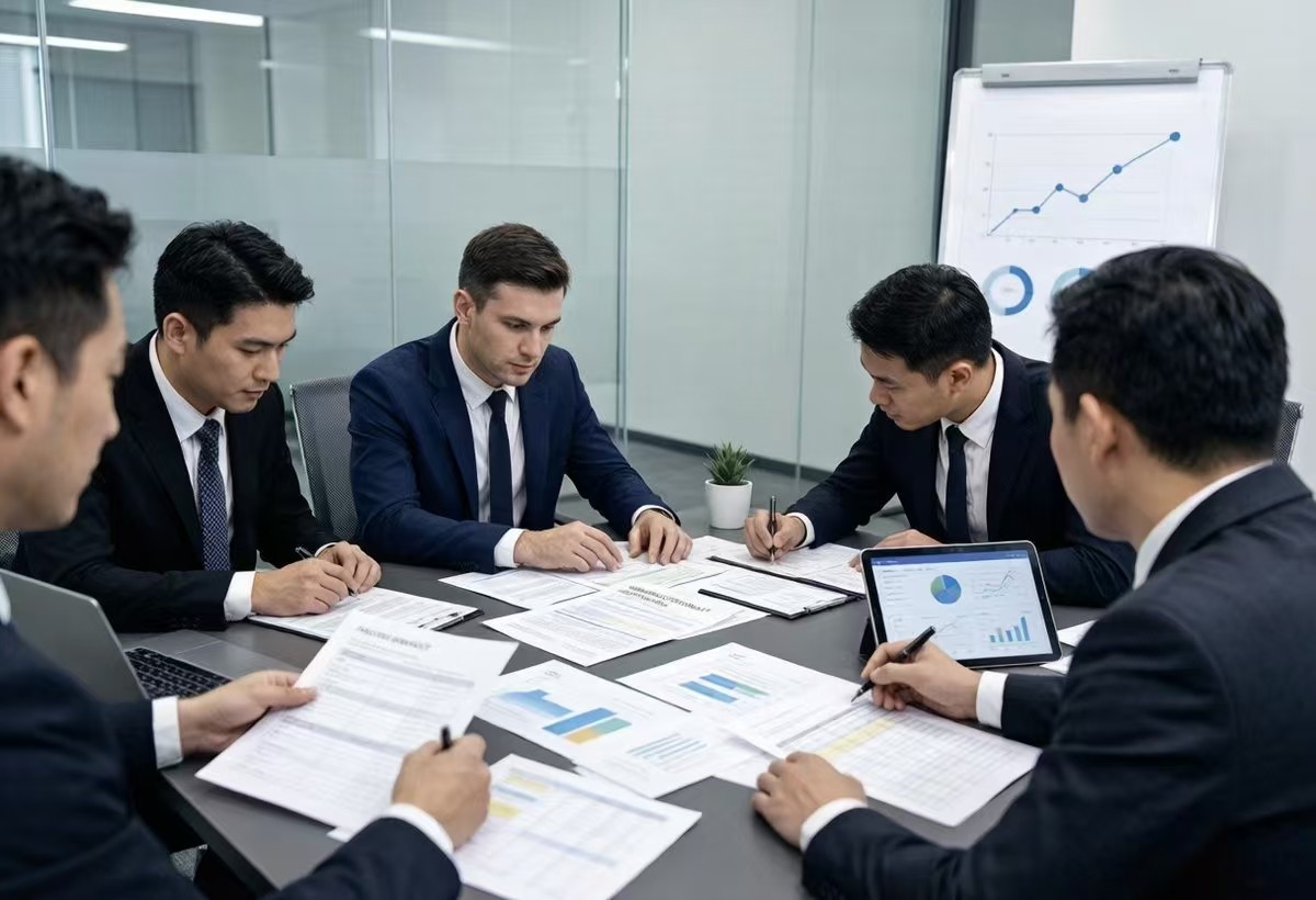 Business professionals reviewing shipping contracts and logistics schedules in a meeting room