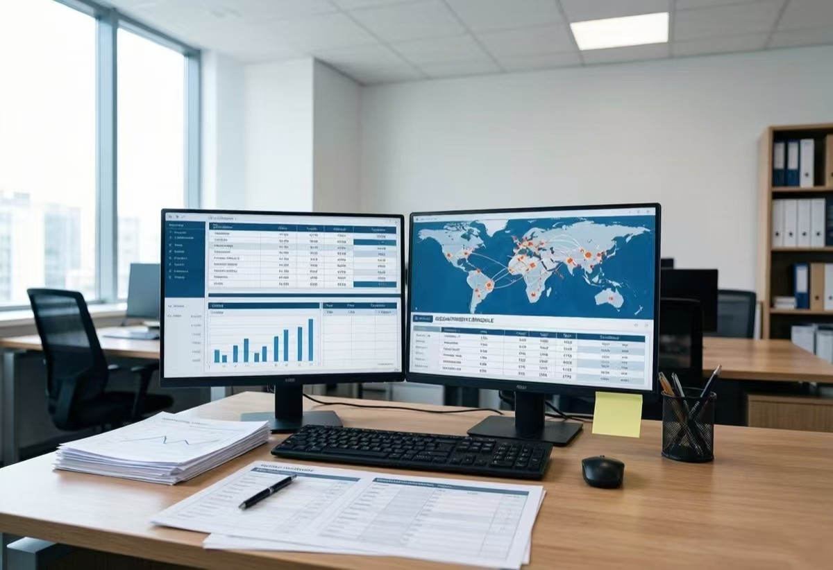 Shipping management office with ocean freight schedules displayed on screens
