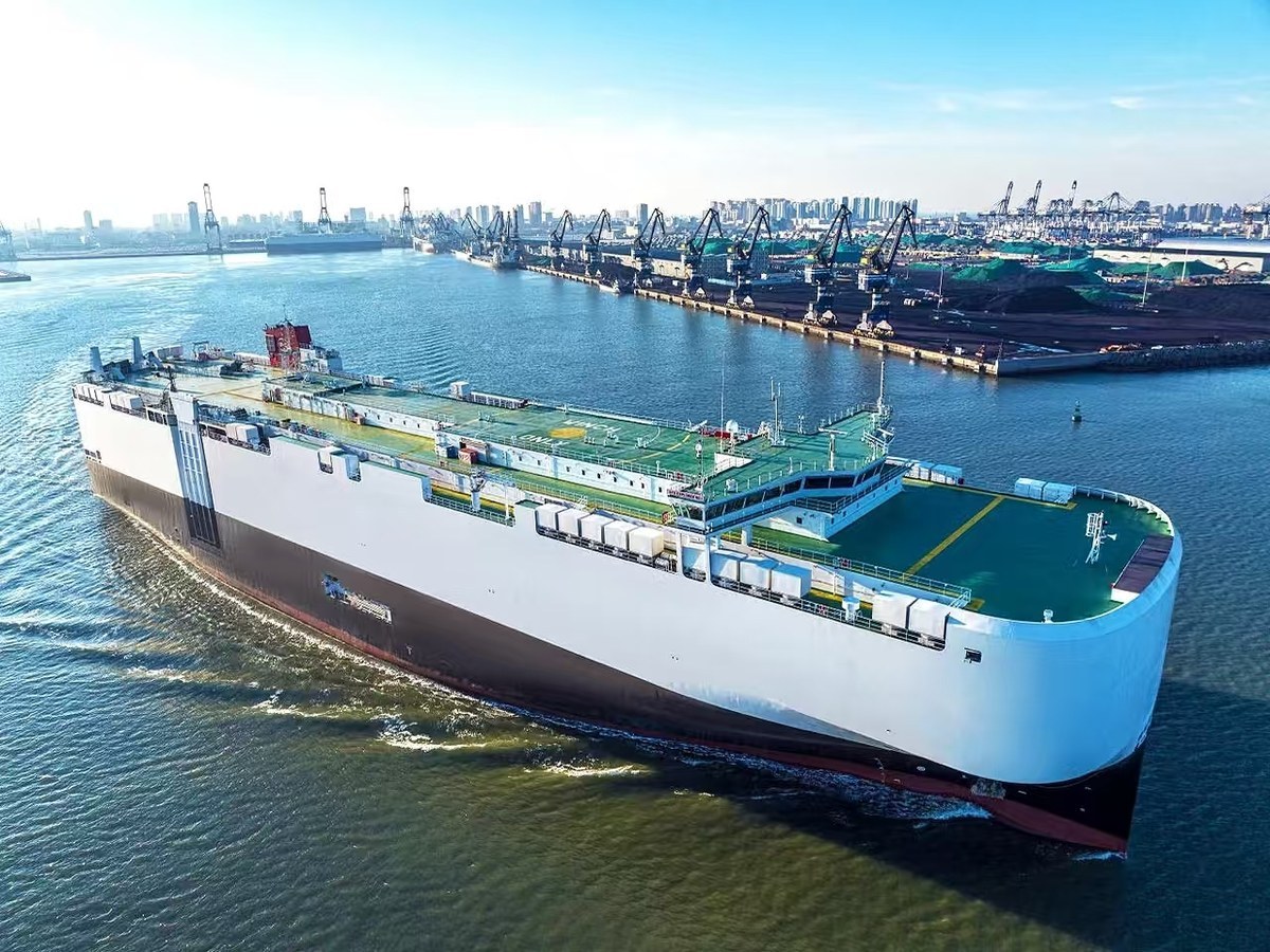 Large Ro-Ro cargo ship at the port ready for vehicle loading