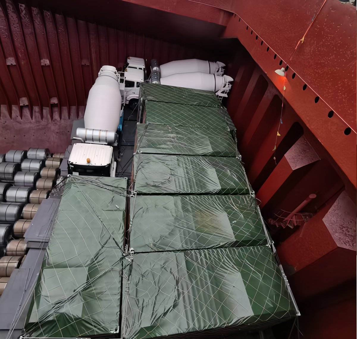 Energy equipment securely lashed and fixed inside the vessel cabin before ocean shipment