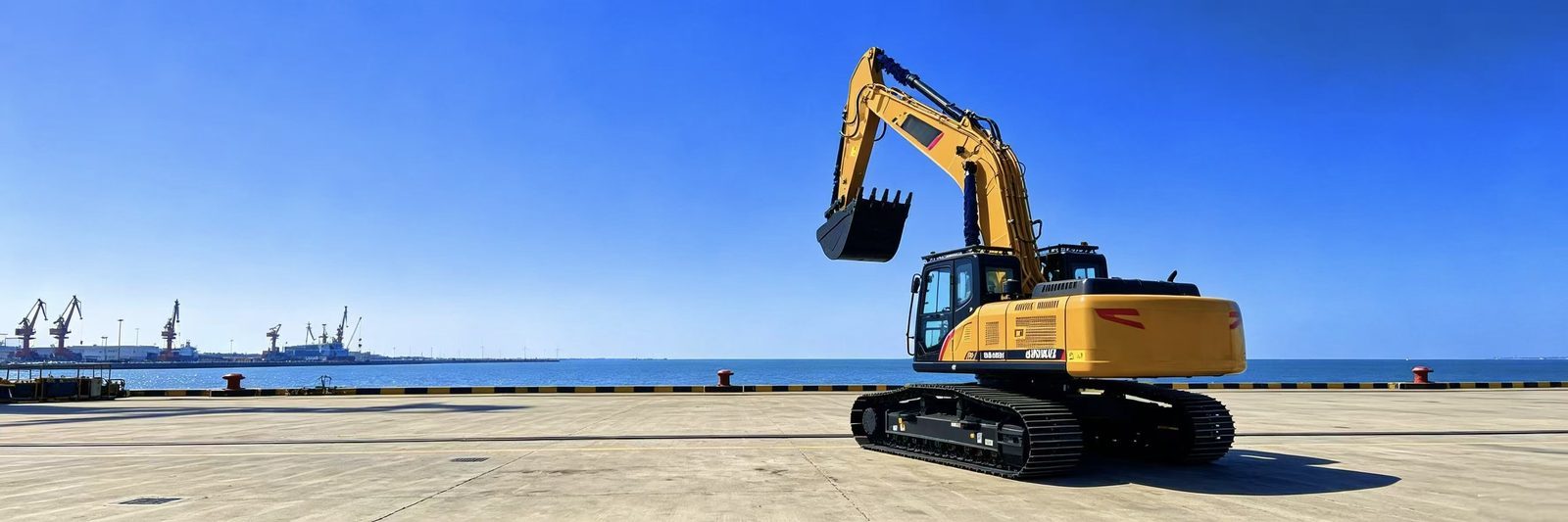 Heavy construction machinery at port ready for export delivery
