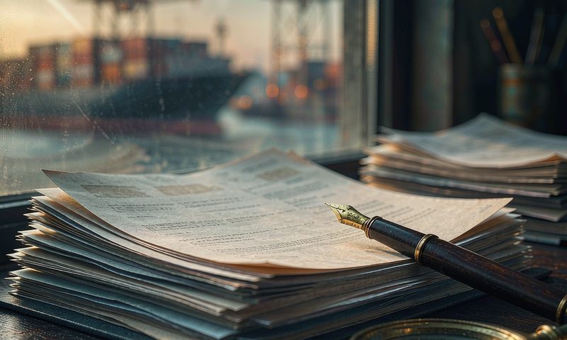 Letter-of-credit documents beside a window with a container vessel