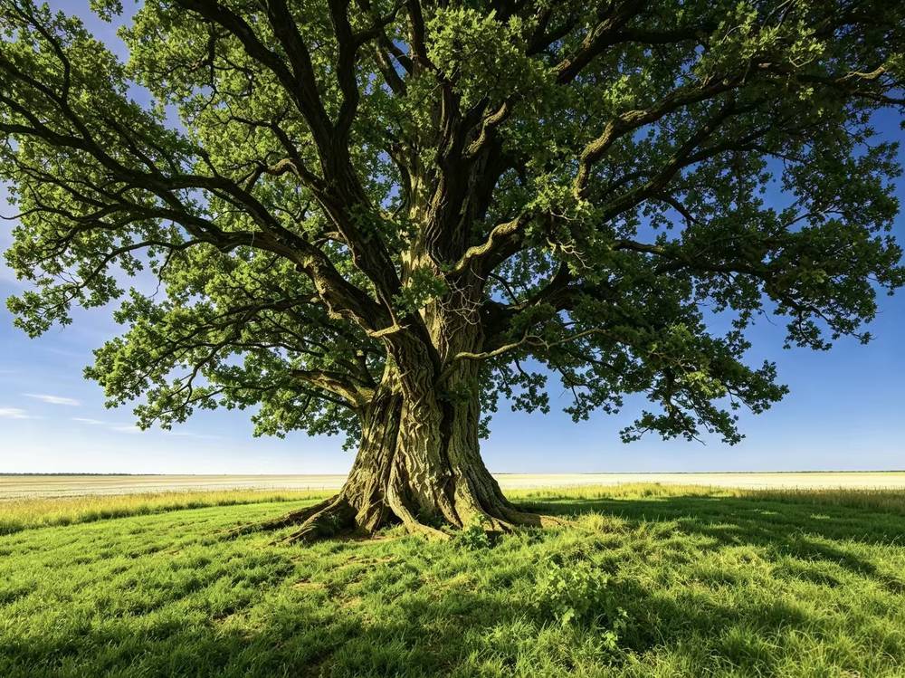 A strong, healthy tree with a deep trunk and spreading green crown