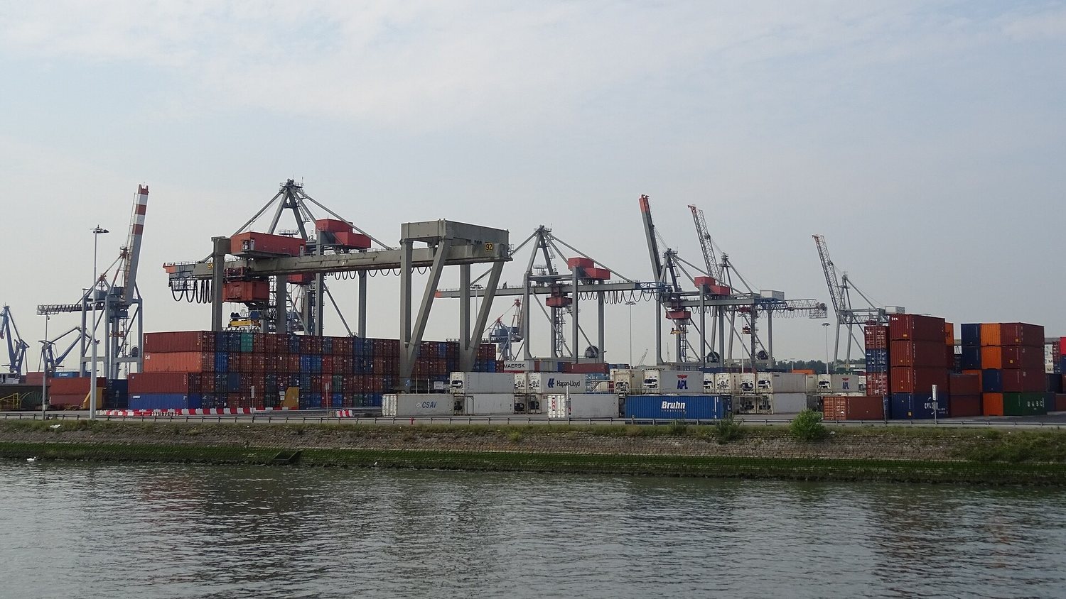 Aerial view of densely stacked container yards at a busy container terminal